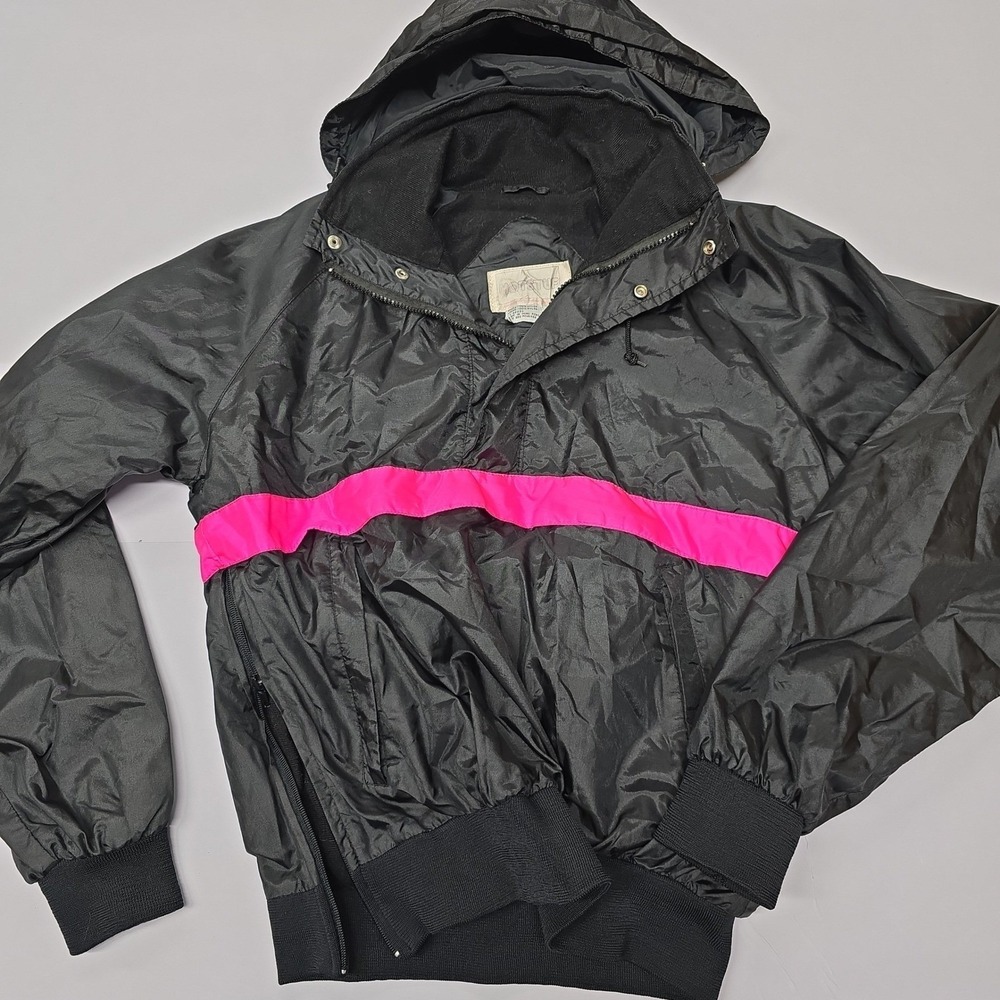 Hotstuf‎ Vintage Womens Small Black Neon Pink Stripe Hooded Anorak Windbreaker
